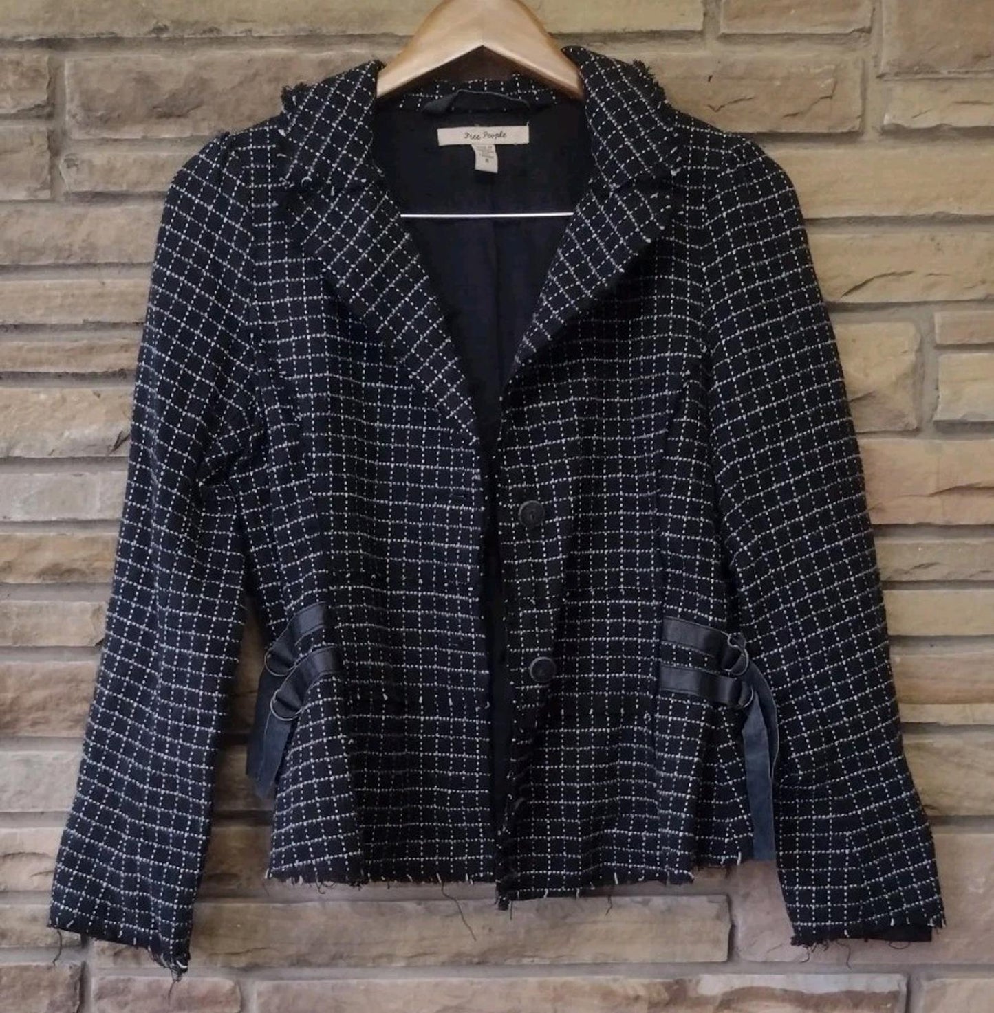 VTG 90s Y2K Free People Grid Tweed Blazer Jacket Size 8 Raw Edges Leather Straps