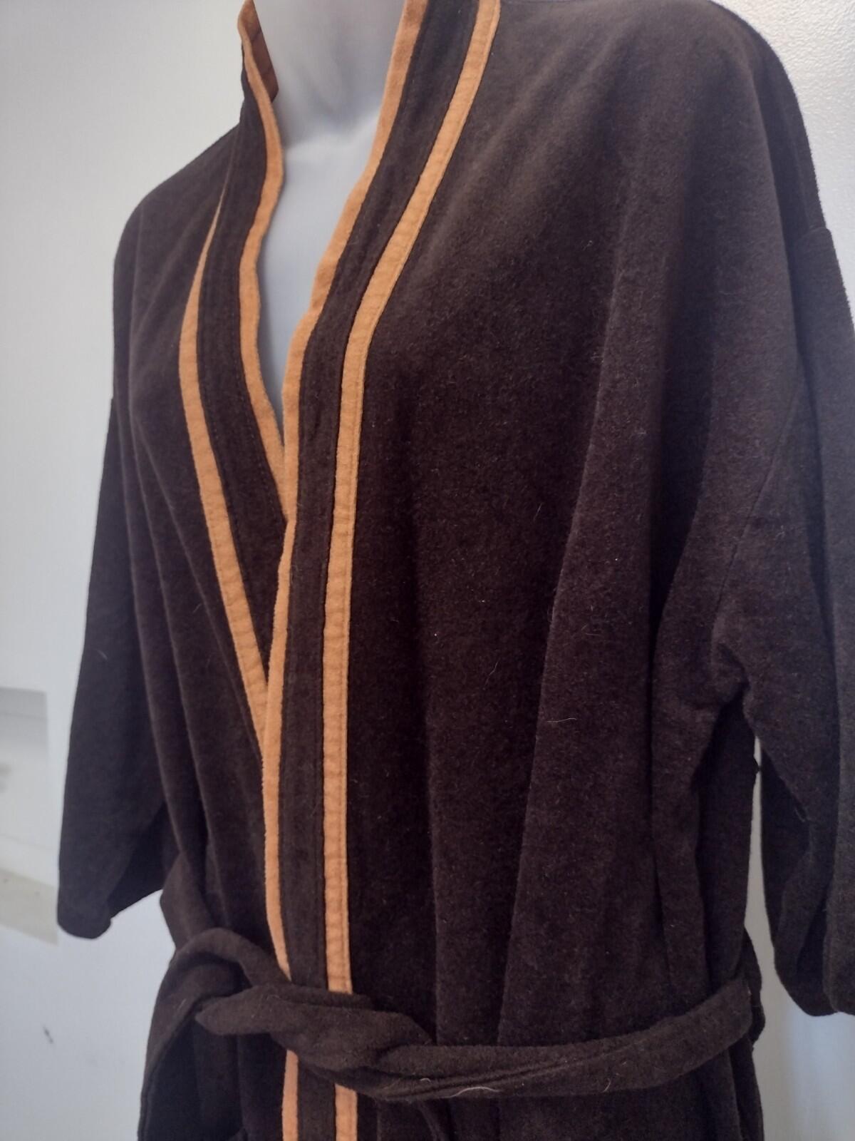 Vintage 70s Swinger Velour Robe Brown Tan Trim Belted OSFA 80s Lounge Wear