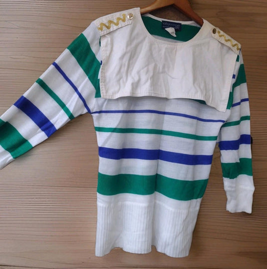 VTG 70s Kathryn Conover Sailor Collar Nautical Sweater M Hong Kong Blue Green