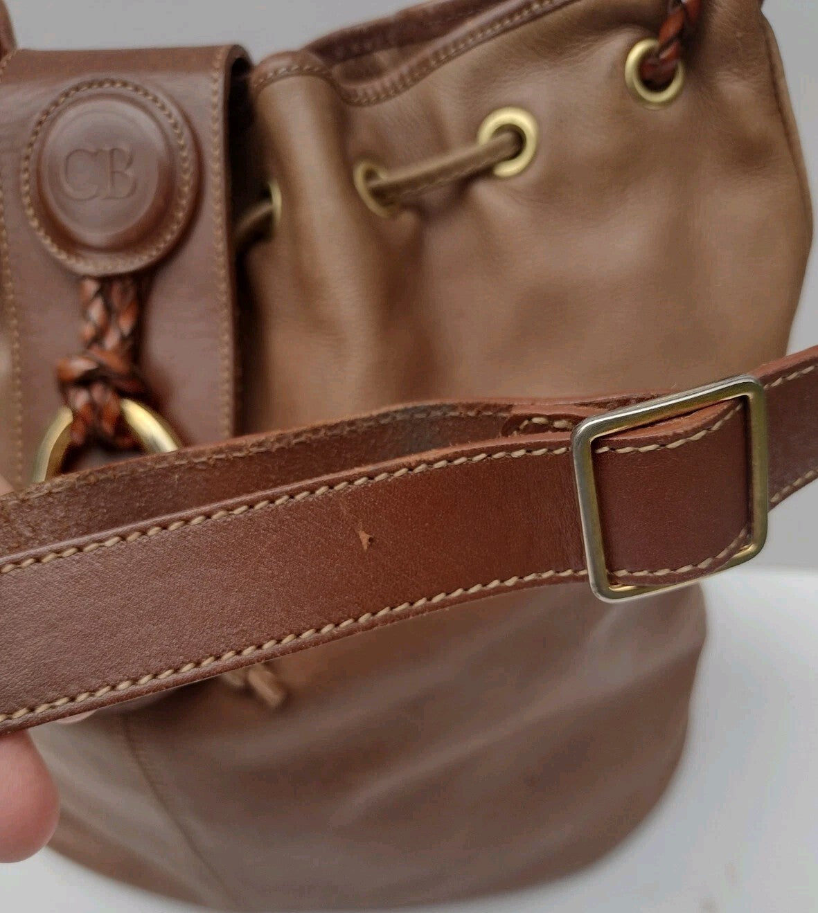 Vintage Leather Bucket Bag Brown Drawstring Boho Equestrian Slouchy Large Tote