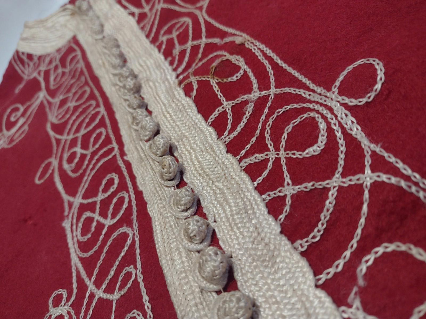 Antique Central Asian Child Chapan – Hand-Embroidered Felted Red Wool Robe