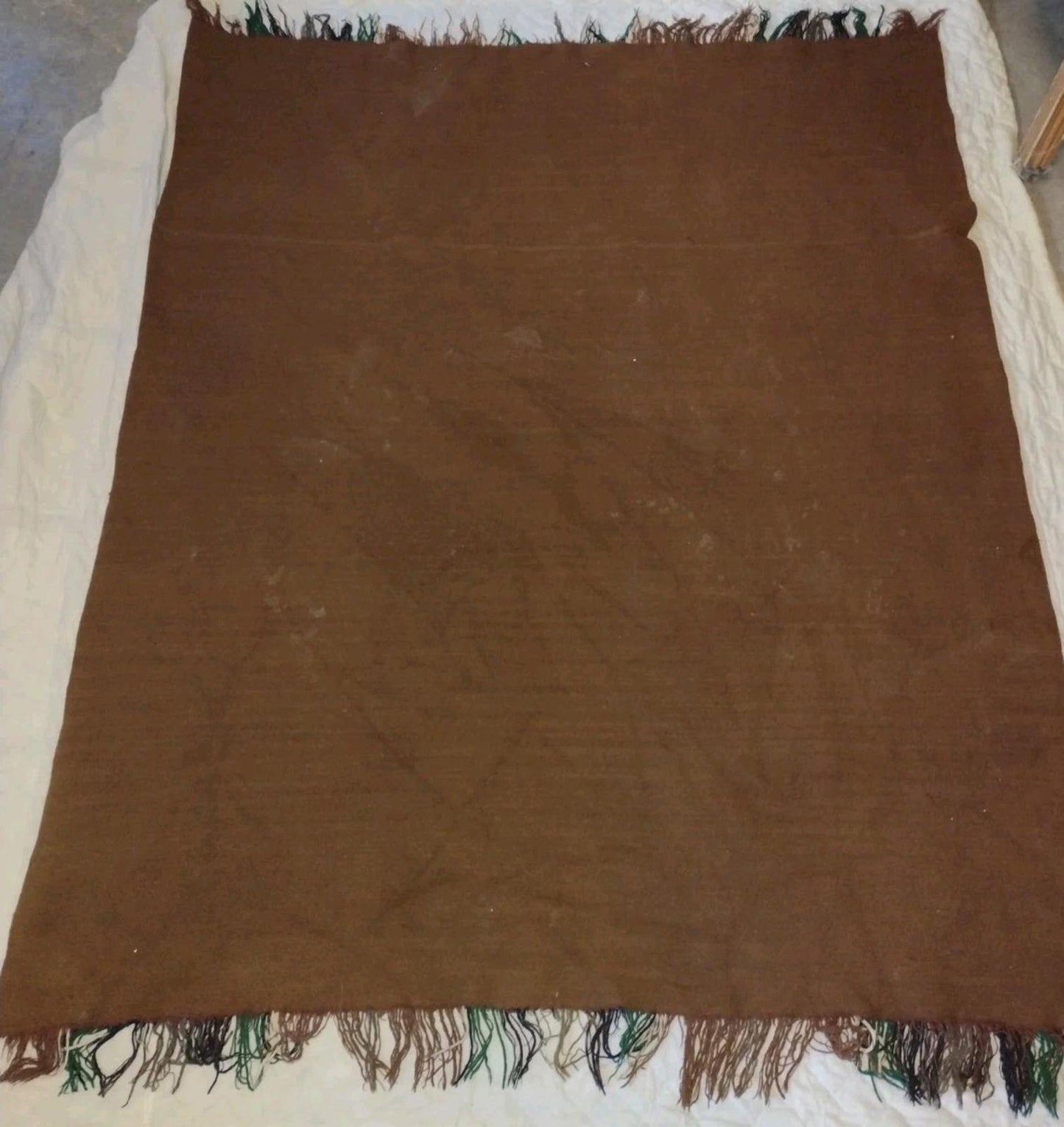 VTG 70s Wool Plaid Stadium Blanket Brown Green Double Cloth Fringe Monogram S