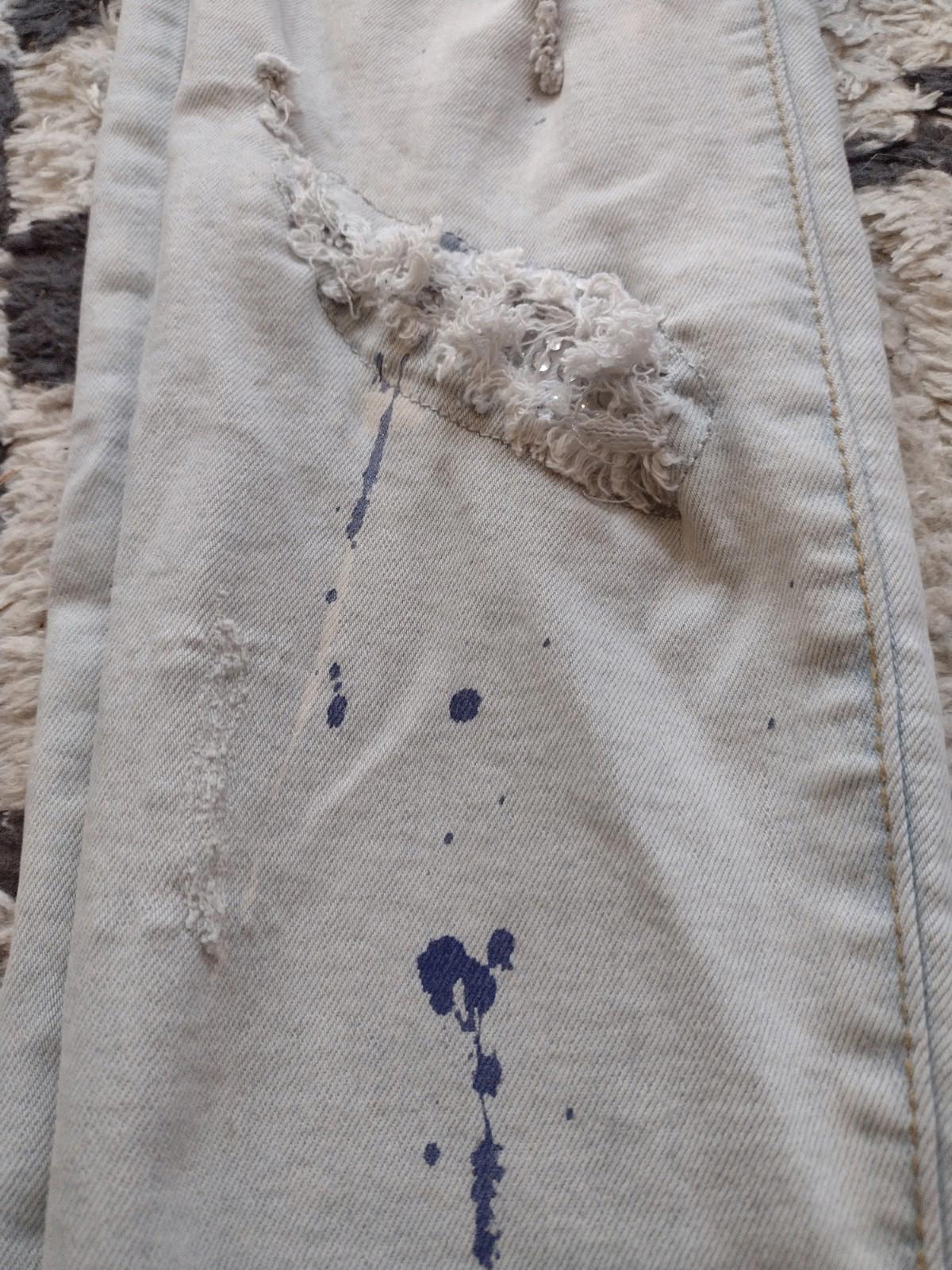 DNA Premium Skinny Jeans Distressed  Paint Spatter, Blue & Clear Rhinestones 30