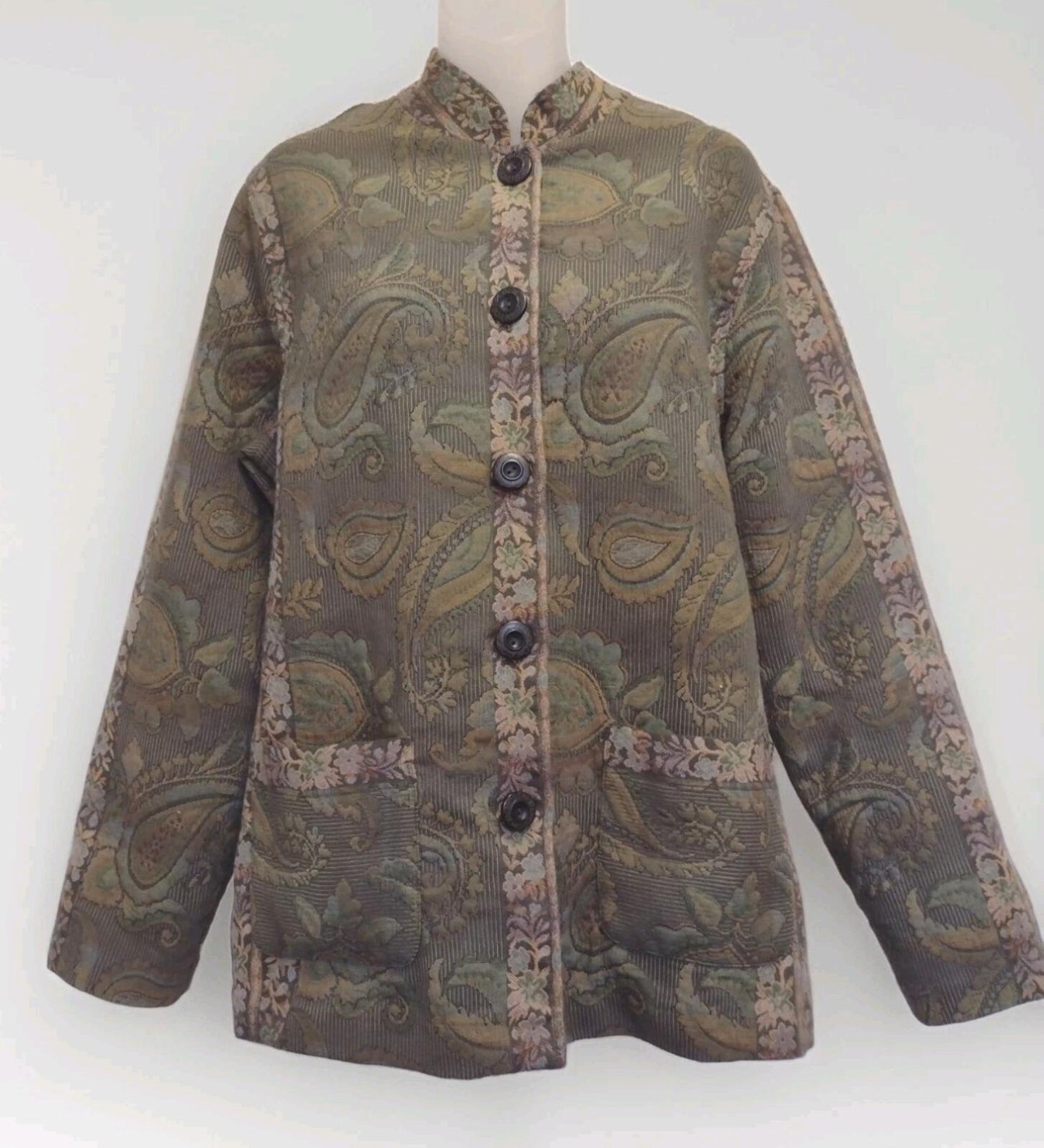 Vintage Koret Tapestry Jacket XL Floral Jacquard Earth Tones Mandarin Collar