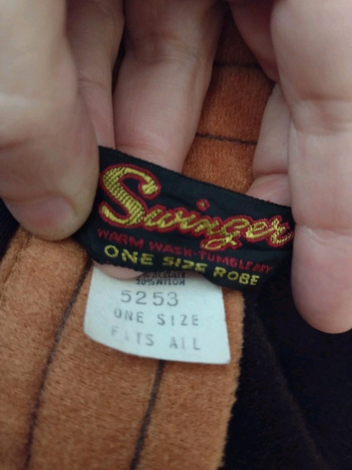 Vintage 70s Swinger Velour Robe Brown Tan Trim Belted OSFA 80s Lounge Wear