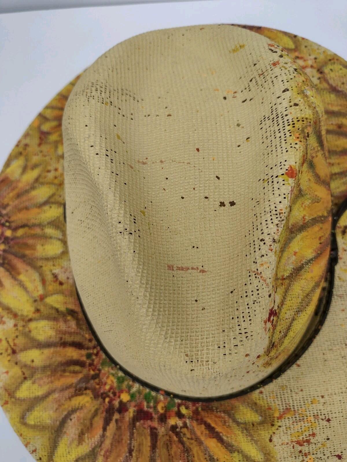 VTG Hand Painted Sunflower Mexican Straw Hat Leather Band Boho Western Ranch M