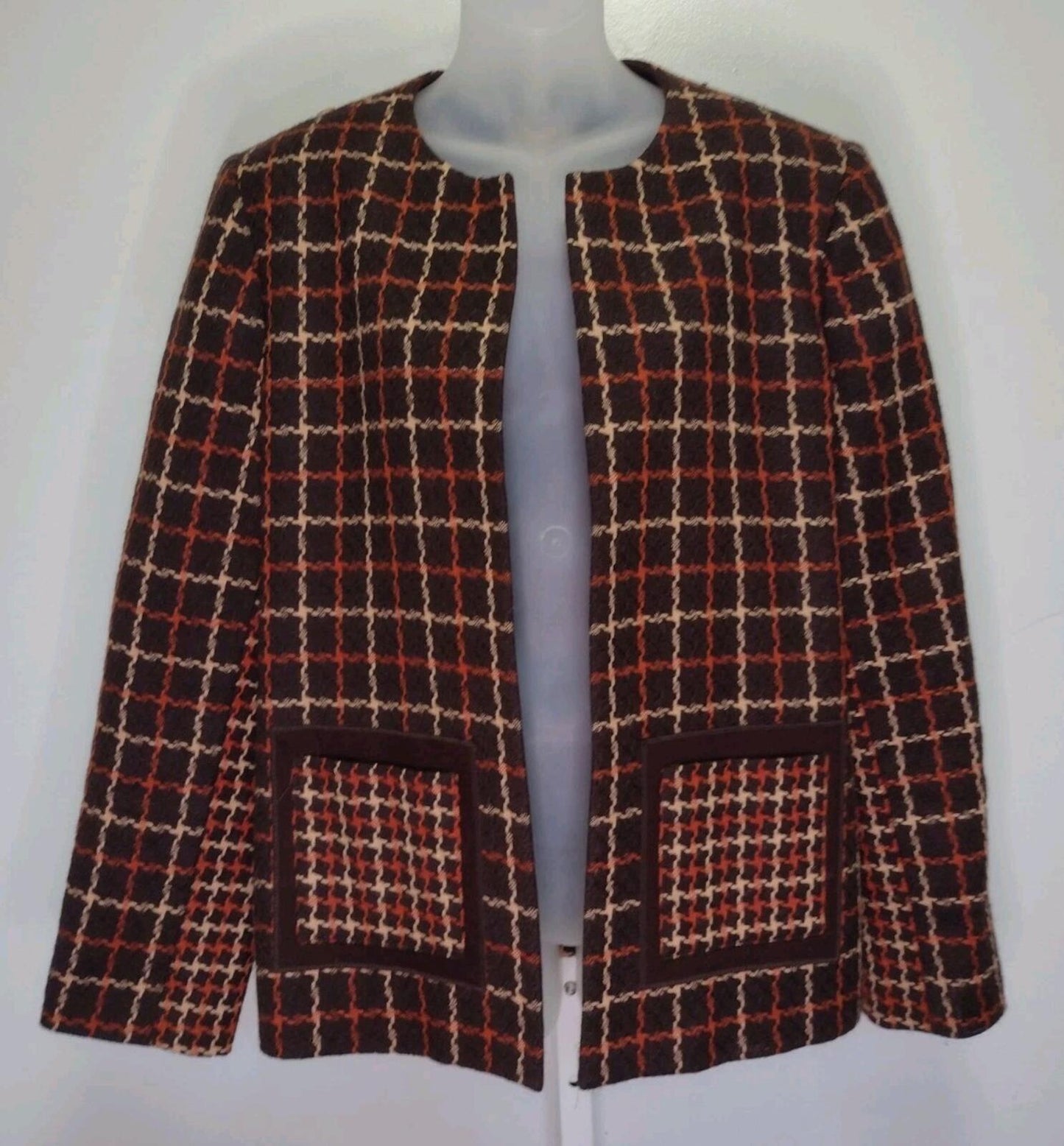 VTG 80s Harve Benard 70s Style Wool Tweed Plaid Jacket Brown Orange Cream Sz 14