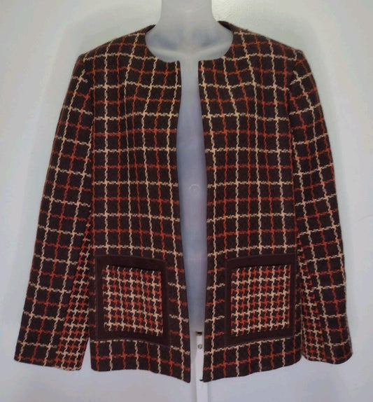 VTG 80s Harve Benard 70s Style Wool Tweed Plaid Jacket Brown Orange Cream Sz 14