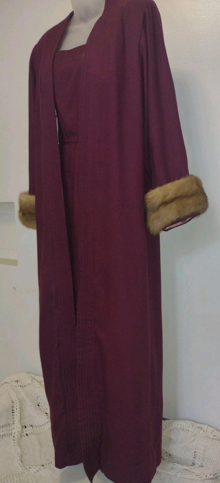 Vintage 60s Eggplant Wool Evening Coat & One‑Shoulder Gown Set w/ Mink Cuffs M