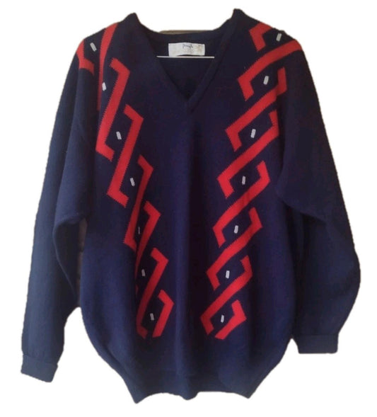 Vintage Pringle Sports Wool Sweater XL Navy Red Geometric Made in Scotland