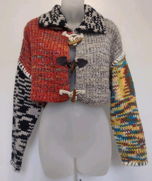 BDG Urban Outfitters Flynn Toggle Cardigan Chunky Knit Patchwork Cropped Sz XS